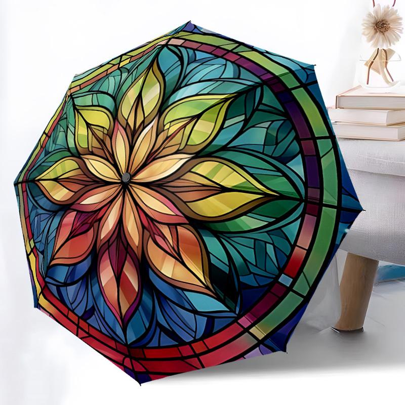 1pc Stained Glass Mandala Automatic Open/Close Umbrella, Portable Folding Umbrella, Compact Travel Umbrella for077