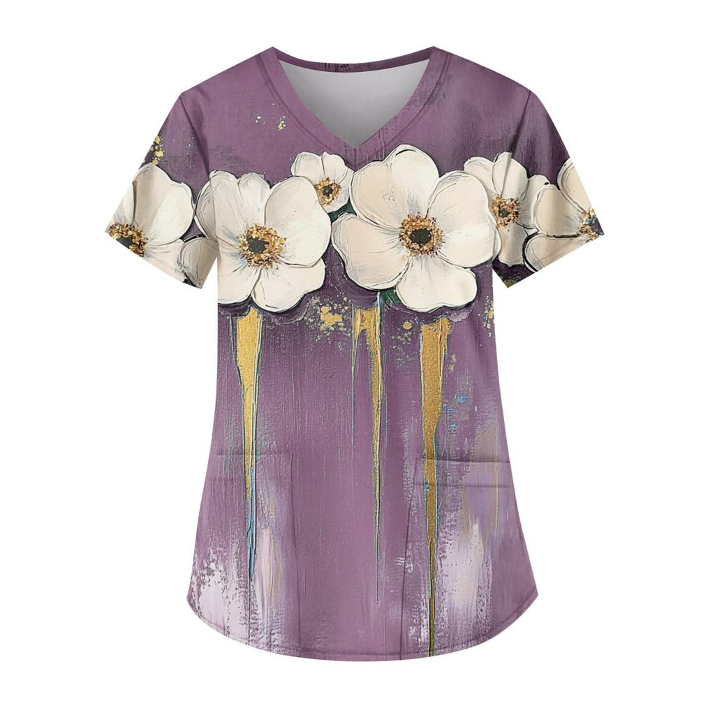 Рабочая форма больших размеров с принтом, топы для женщин, забавные футболки с v-образным вырезом и короткими рукавами, рабочая одежда, футболка с карманами