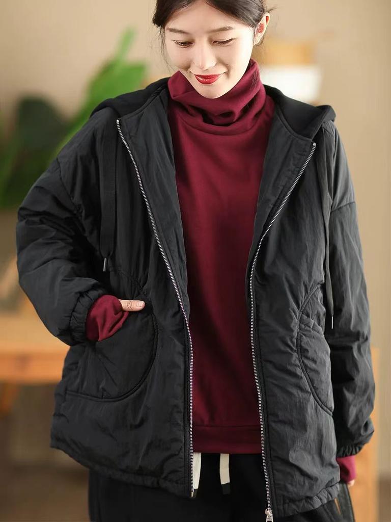 Johnature Женские винтажные зимние куртки с капюшоном на молнии однотонные с длинным рукавом и карманами повседневные