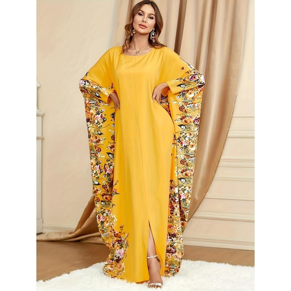 Ramadan Floral Print Crew Neck Kaftan, Elegant Batwing Sleeve Split Maxi Dress, Women's Clothing