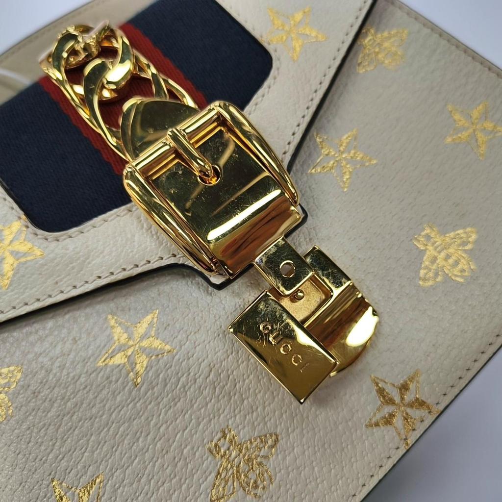 [Pre-Owned] Sylvie Gold Buckle Bee Star Pattern Striped Web Leather Crossbody Bag - Very Good #1MRBYJB