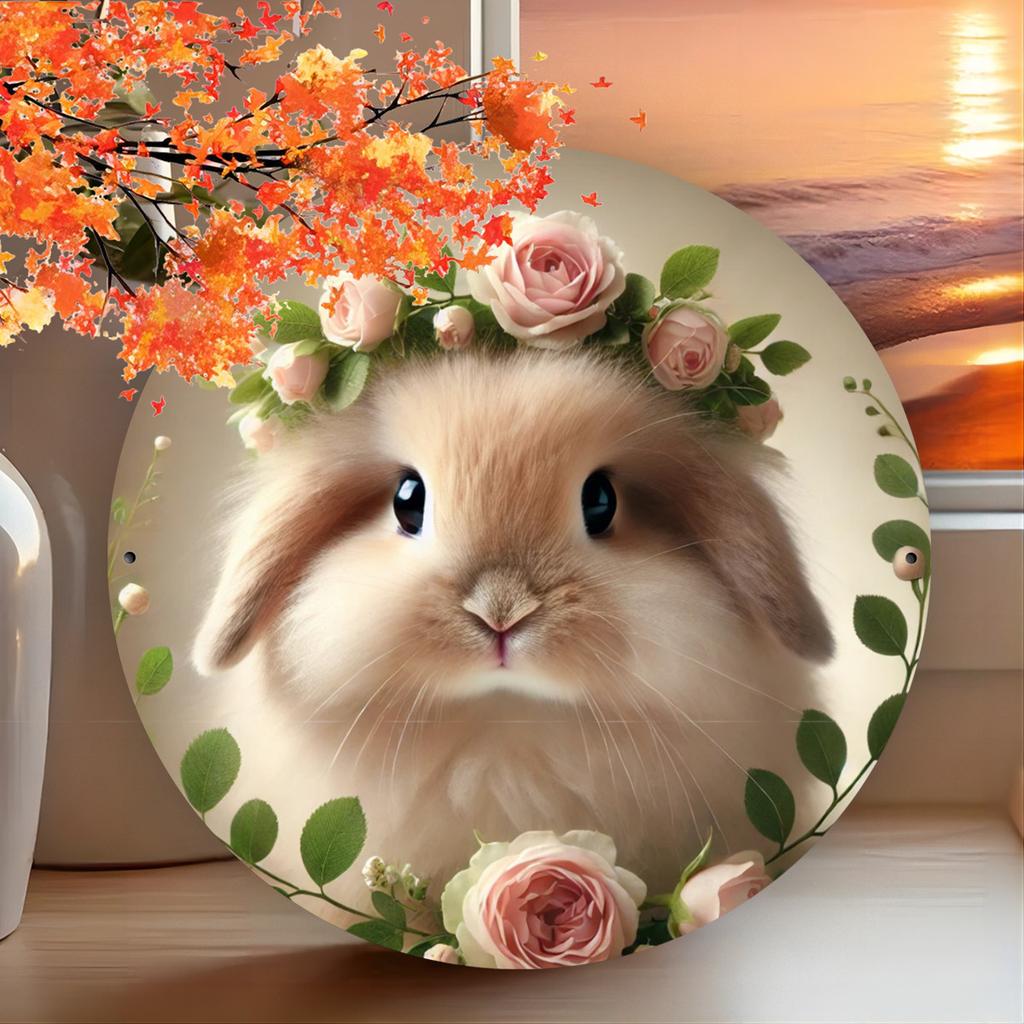 plaintextCute Bunny with Flower Crown Round Metal Sign Vintage Floral Rabbit Tin Plaque Retro Animal Wall Decor for Home Nurs