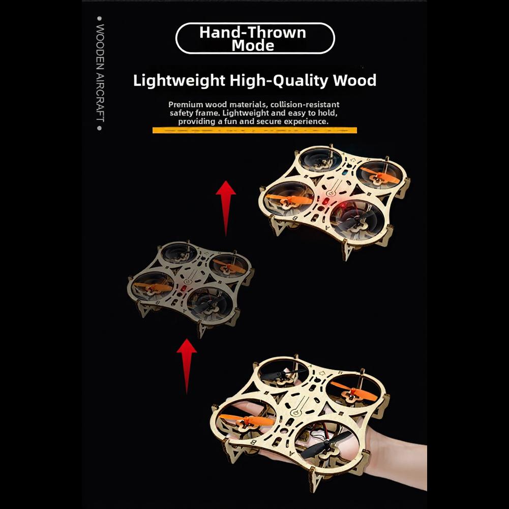 Wooden Quadcopter Kit Designed for Assembly with LED Light Features Hover Mode and 360 Degree Aerial Rotation Capabilities