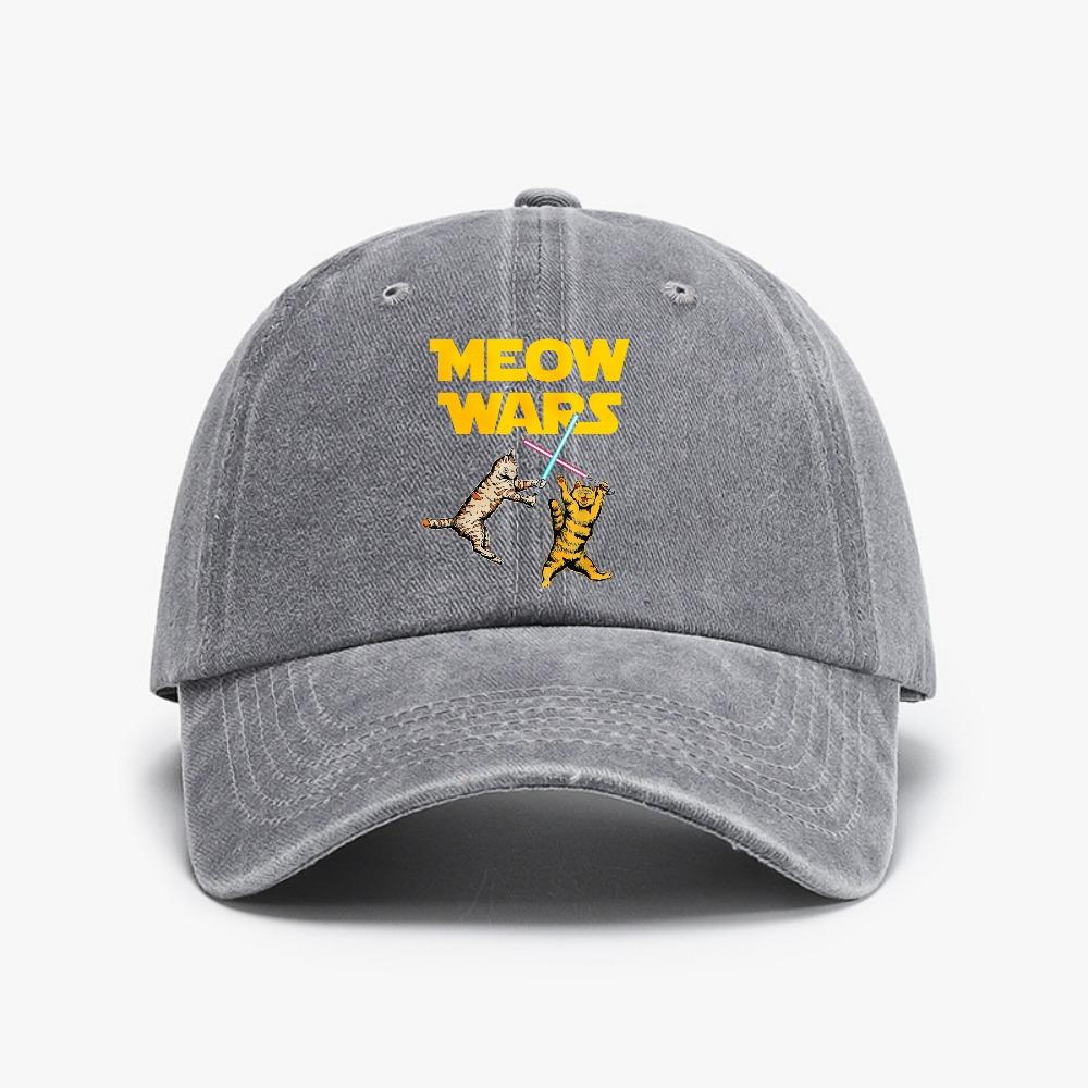 Meow Wars Cat Funny hat Gifts For Cats Lovers Baseball cap fashion Vintage Washed Denim hat Summer Breathable Adjustable hats