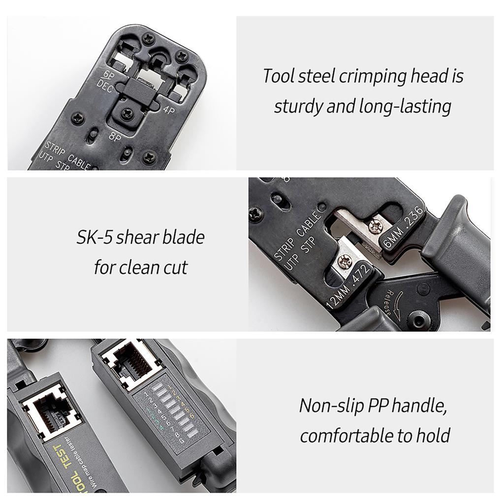 Ratcheting Crimping Tool with LED Tester 4 in 1 Multifunction Wire Crimpers Stripper Cutter Tester, 8P 6P 4P Network