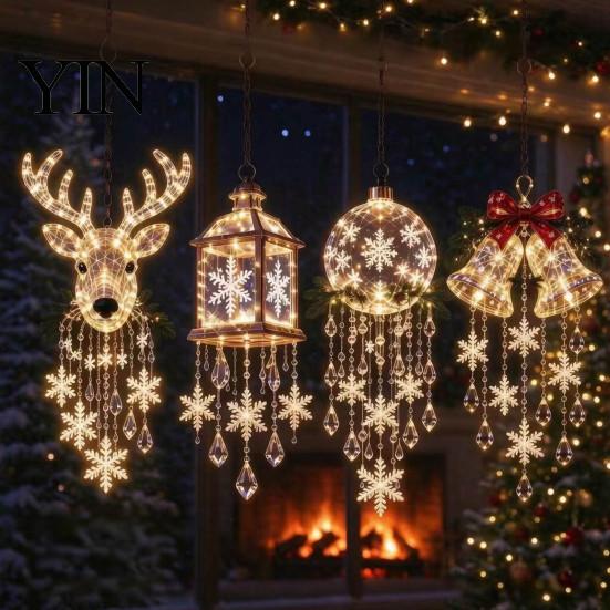 Hanging Seasonal Decor Christmas Bell Chandelier, Lighted Deer Decoration with Cascading LED Strands, Snowflake Festival Atmosphere Lighting