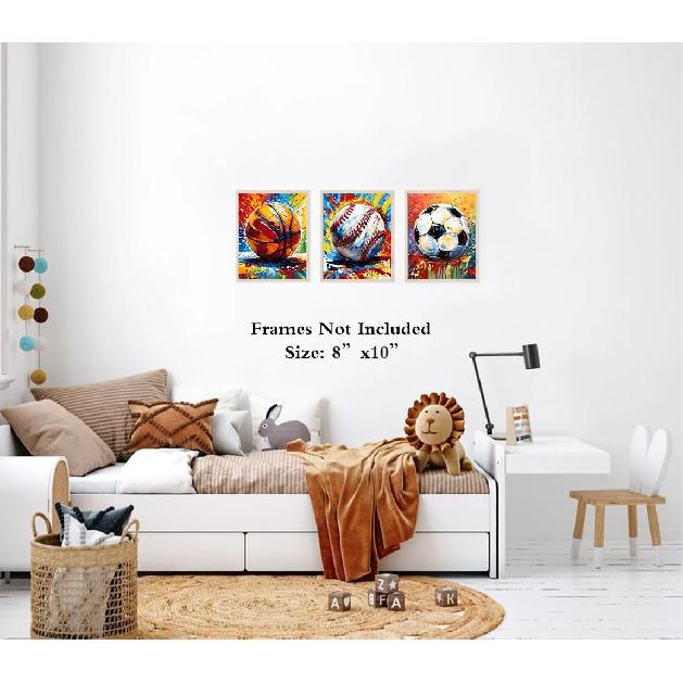 Basketball Graffiti Canvas Wall Art Prints,Graffiti Wall Art Sports Print Wall Decor Set of 3,Retro Colorful Baseball,Soccer,Basketball Print for Boy
