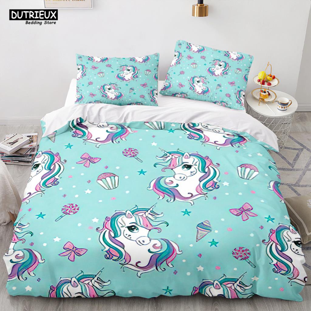 Мультяшный Радужный Единорог Комплект Постельного Белья Наборы Единорога Односпальный Двуспальный Размер Квин Твин Полный Размер Пододеяльник Детский Девочки Детский Мягкий Пододеяльник