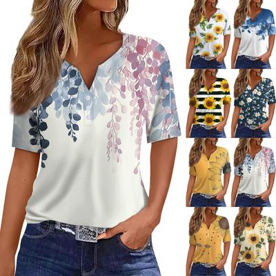 Женская повседневная футболка с v-образным вырезом и короткими рукавами, декоративная футболка на пуговицах, топ