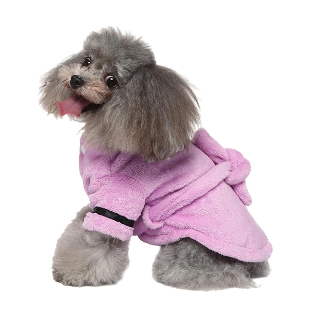 Soft Flannel Dog Bathrobe with Hoodie, Quick Drying Super Absorbent Pet Towel Robe for Small Dogs & Cats, Adjustable Waist Button Design