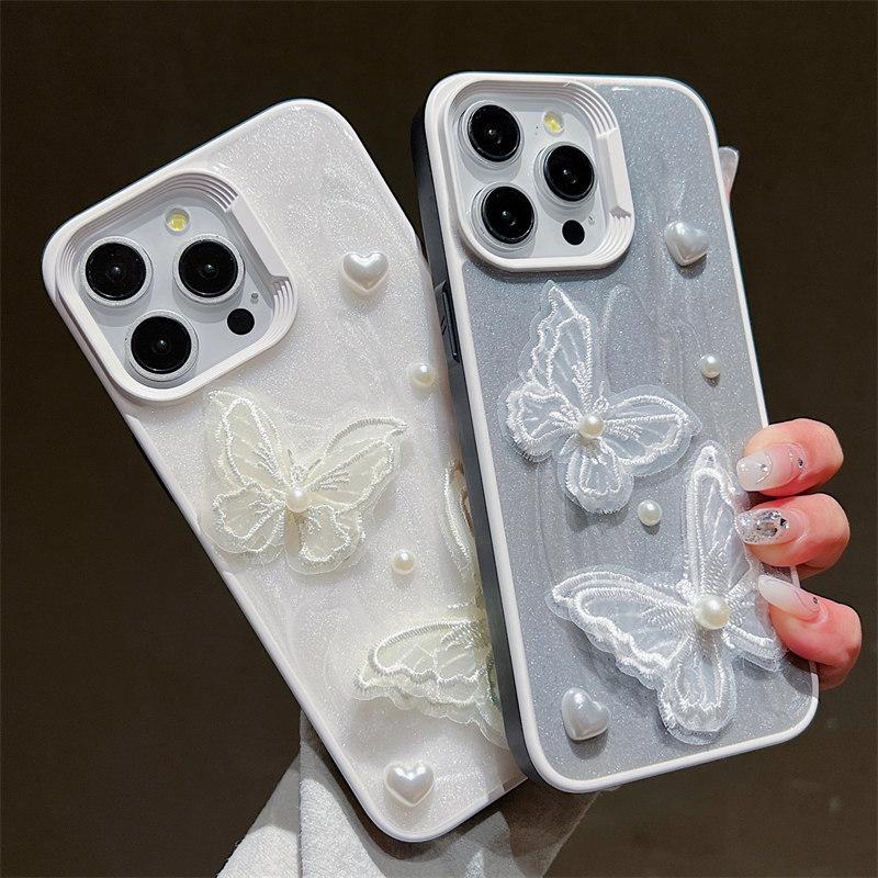 Роскошный сетчатый чехол с жемчужной бабочкой для iPhone 15 Pro Max 14 Plus 13 12 11 Pro, защитный чехол для девочек