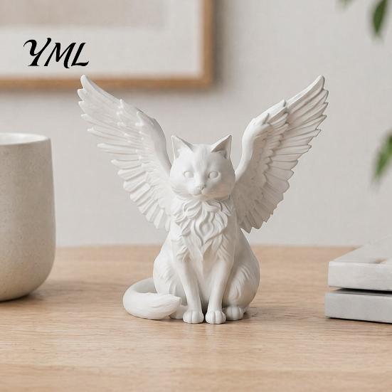 PLA Material Crafts Angel Cat Desk Ornament, Matte White 3D Printing Figurine, Minimalist Simple Textured Art Winged Sculpture for Home Office