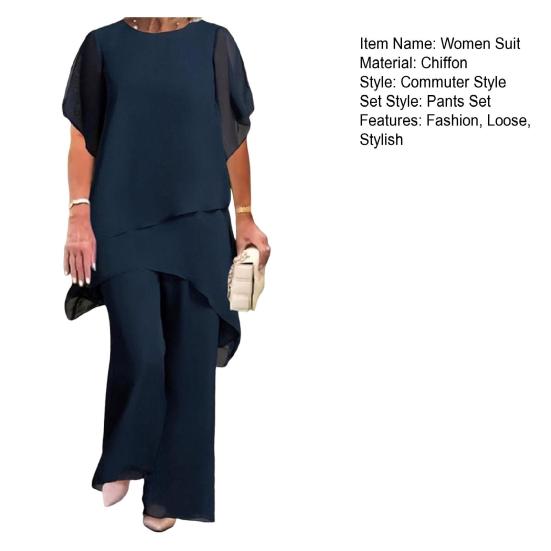 Women's 2-Piece Chiffon Set Casual Plus Size Wide Pant Suit Ruffle Asymmetric Layers Wedding Guest Outfit for Spring Summer