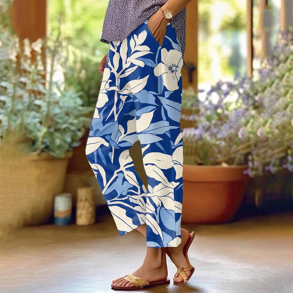 Women's Fashionable Floral Print Straight Leg Pocket Elastic Waist Casual Pants Pants