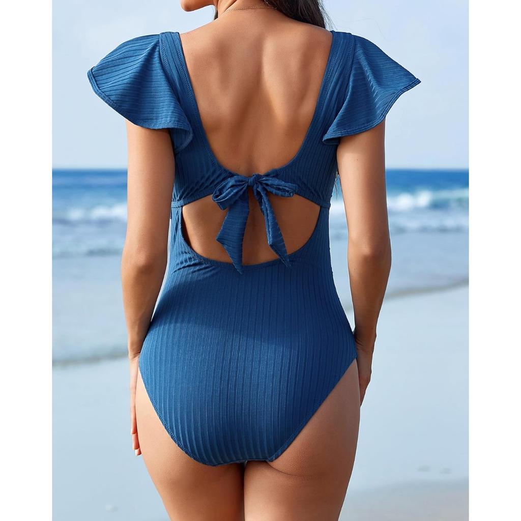 CHARMLEAKS Купальник для беременных в рубчик, цельный купальный костюм с рюшами и рукавами, рюшами и вырезами, завязывающийся узел, купальник для беременных