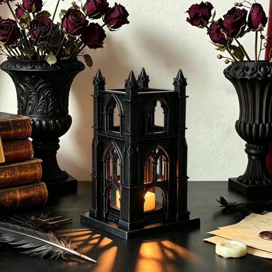 Creative Plastic Sculpture Gothic Cathedral LED Candle Lantern, Church Shaped Flameless Tealight Lamp, Window Sill Decoration Spooky Vintage
