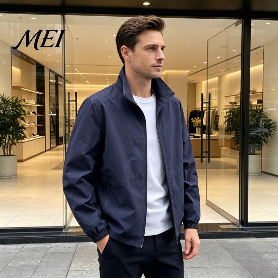 Solid Color Slim Fit Jacket Men Windbreaker Jacket, Windproof Waterproof Stand Collar Coat, Casual Zip-up Fashionable Layering Tops for with Zippered