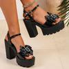 Fashion Bowtie Super High Heels Sandals for Women Shiny Crystal Chunky Platform Sandals Ankle Buckle Thick Sole Square Heeled Shoes
