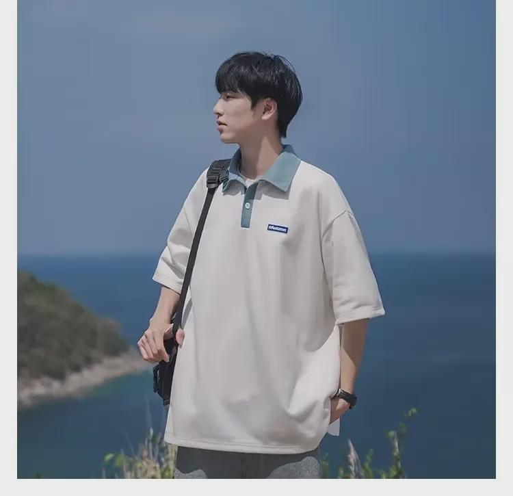 Мужская рубашка-поло в японском стиле в стиле ретро, контрастного цвета, плотная, свободного кроя, короткие рукава