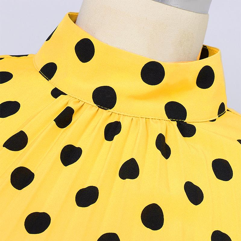 Женская мода воротник-стойка длинный рукав горошек принт талия завязывающиеся платья