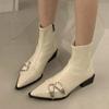 Женские туфли на толстом каблуке новые осенние остроносые с металлической пряжкой на боку молния до щиколотки удобные ботильоны на среднем каблуке