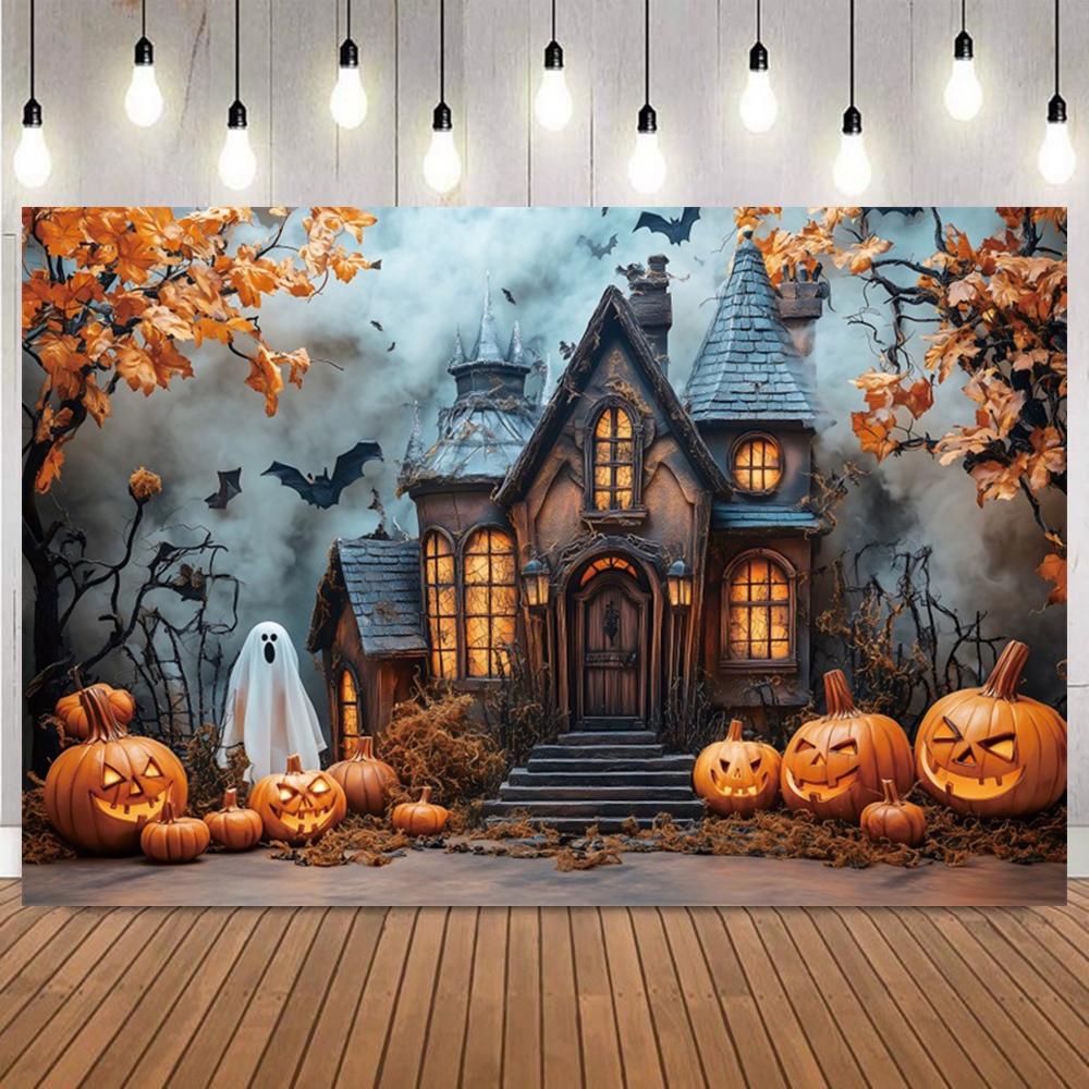 Halloween Day Theme Backdrop Pumpkin Bat Ghost Castle Balloon Kid Portrait Party Decor Photography Background Banner Supplies