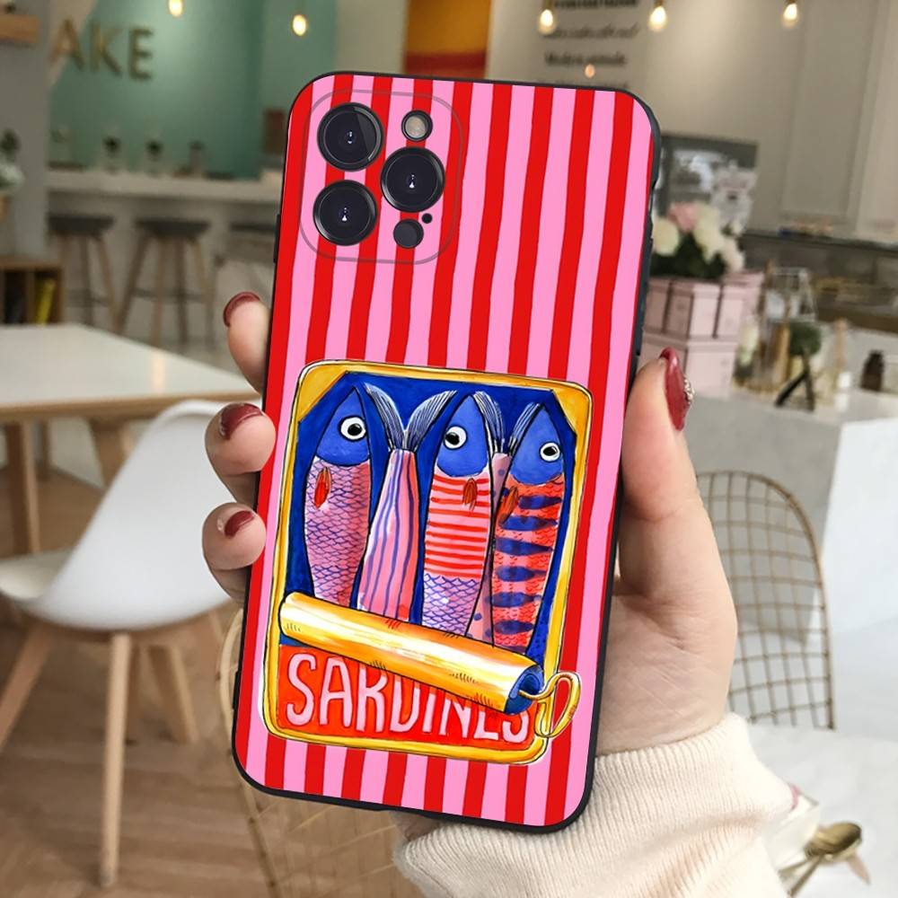 Силиконовый чехол для телефона с сардинами для iPhone 11 12 13 14 15 16 17 Pro Max Черный чехол