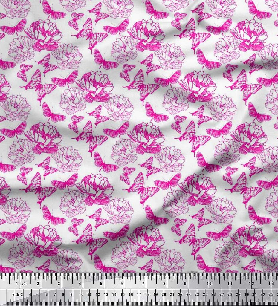 Soimoi Poly Crepe Fabric Butterfly & Peony Floral Printed Craft Fabric by the metre 42 Inch