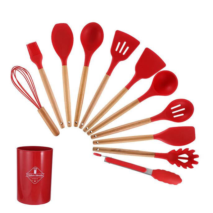 Silicone Wooden Handle Kitchenware Set 12-piece Set High Temperature Resistant Non-stick Pan Scoop Clip Kitchenware Bucket Baking Utensils
