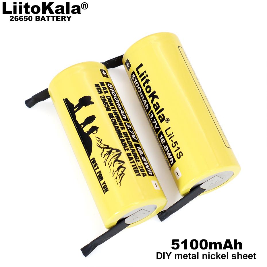 LiitoKala 3.7V Lii-51S 26650 20A аккумуляторная батарея 26650A литиевые батареи 3.7V 5100mA Подходит для фонарика+Nickel