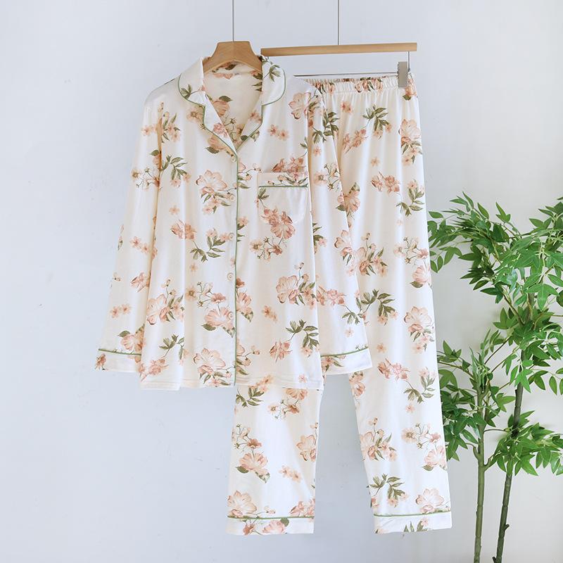 2026 Новый весенне-осенний женский комплект пижамы 100% хлопок Вязаный с длинным рукавом Двух peças Свободный с принтом Домашняя одежда Женская