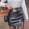 Женская черная мини-юбка, сексуальная юбка-карандаш с высокой талией и облегающая бедра, корейская мода, из искусственной кожи ПУ, с разрезом, короткие юбки