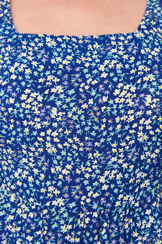 Женский стиль, большие размеры, темно-синее тканое платье миди трапециевидной формы с рюшами и цветочным узором