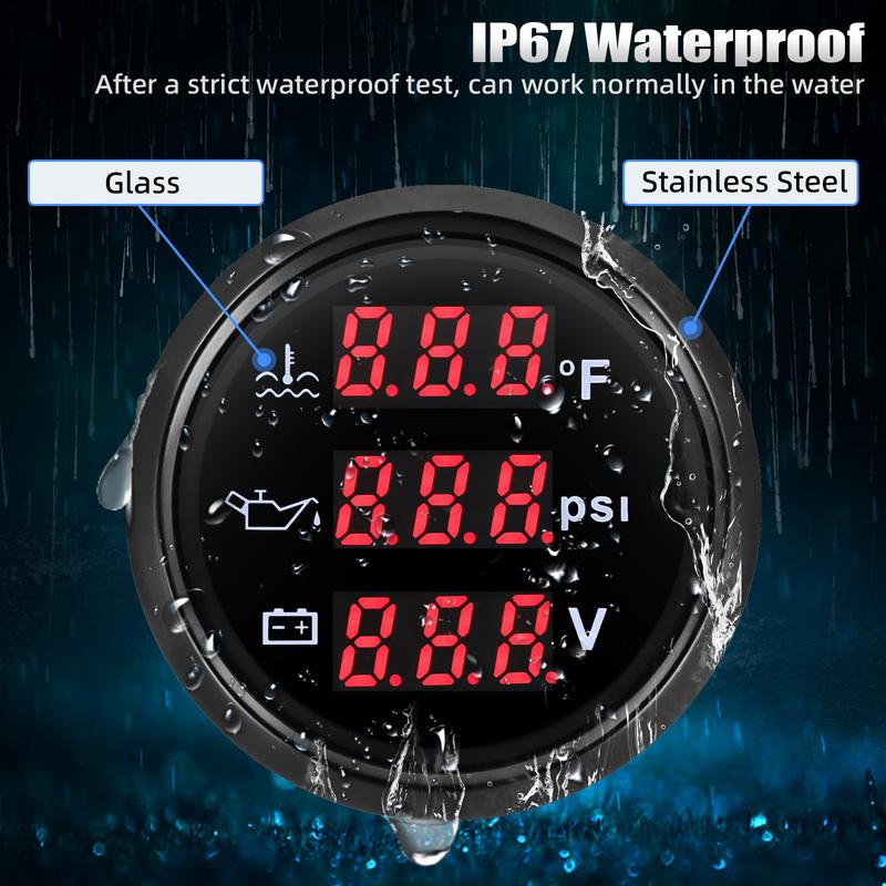 52mm 3 in 1 Gauge Water Temp +Oil Pressure + Voltage Digital LCD Meter With Alarm Universal For Marine Boat Car Truck 12V 24V