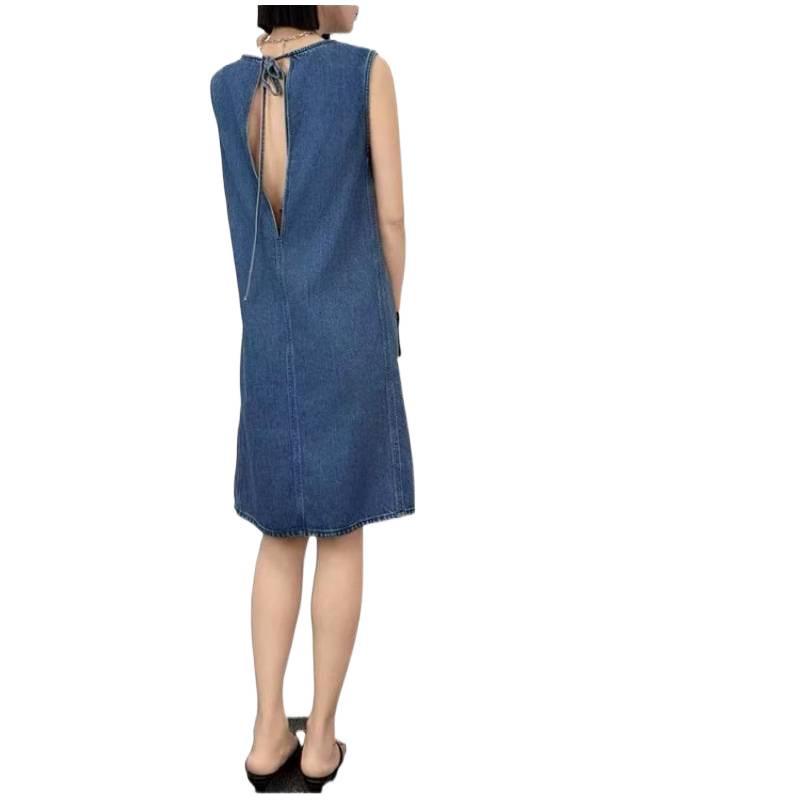 Women's Blue Patchwork Denim Boat Neck Summer Dress