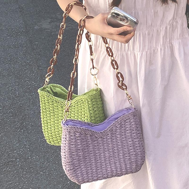 Chain Straw Shoulder Summer Yogodlns Beach Bag For Women Handbag Rattan Hobo Bag Causal Woven Basket Underarm Bag Female Clutch Purse