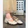 European Fairy Style Satin Bow Square Head Mary Jane Heels 2025 New Dating Word with Buckle Single Shoes