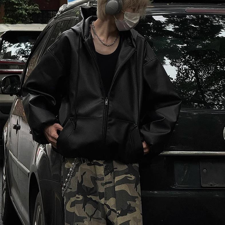 Spring Autumn High Street Black Color Pu Leather Coat Men's Casual Loose Zipper Hooded Jackets Oversized