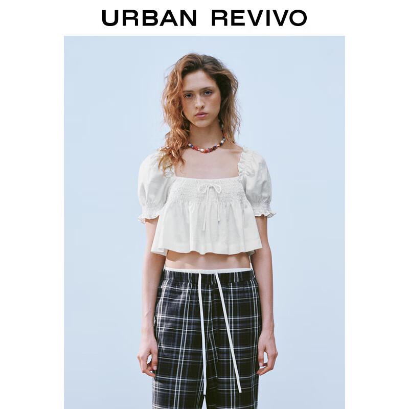 UR Women's Ruffle Trim Smocked Short Sleeve Linen Blouse