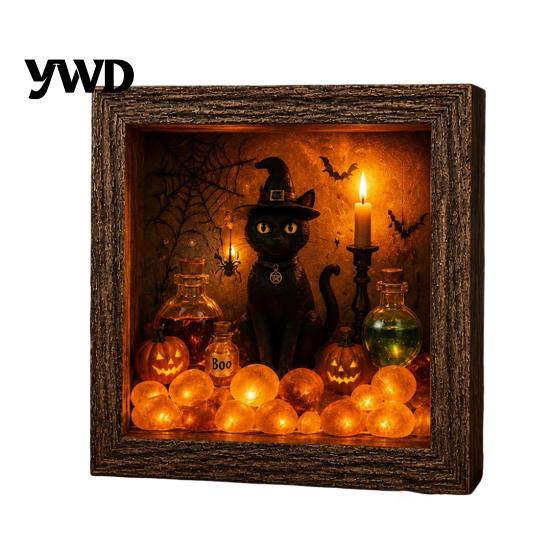 Gothic Bedroom Decor DIY Lighted Halloween Ghost Shadow Box Kit, Wooden Frame LED Warm Light, Style Interior Lighting Memory with Crystal Glass Panel,