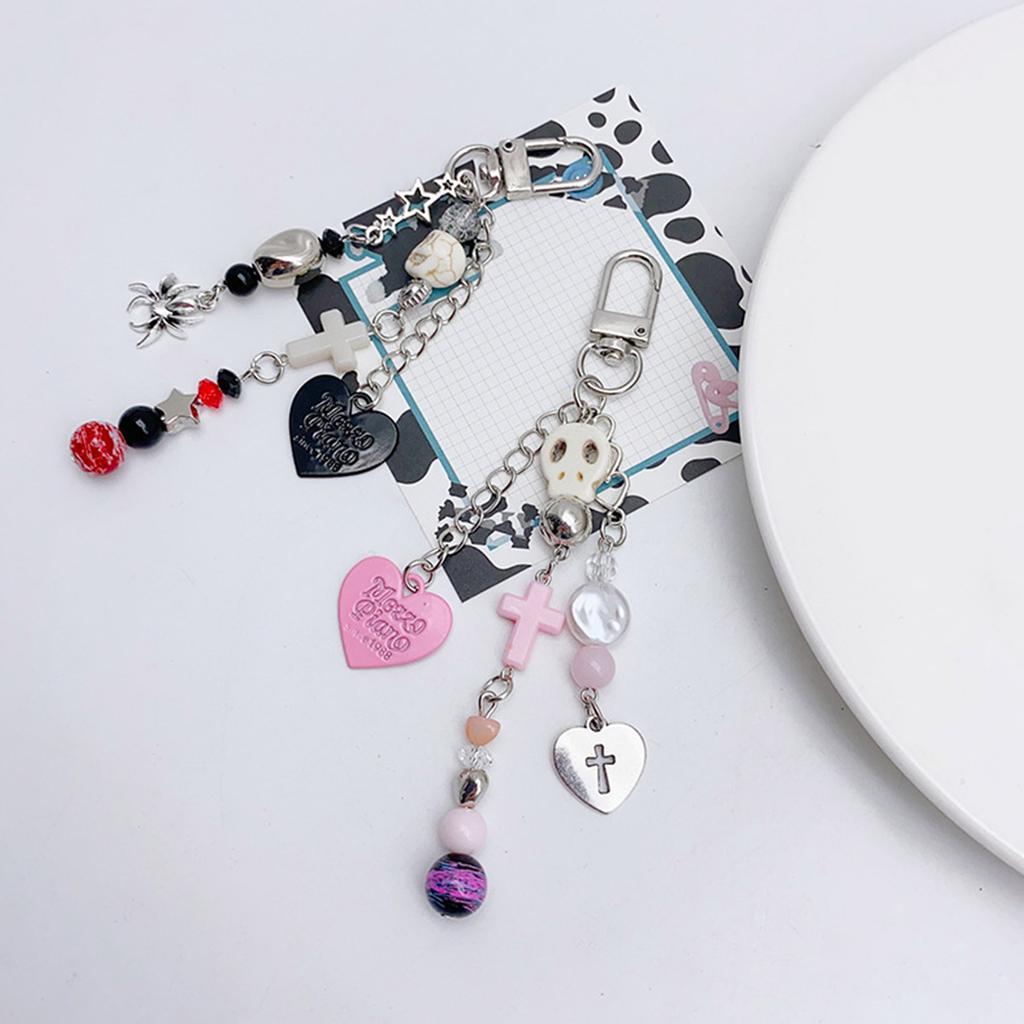 Unique and Stylish Beaded Keyring Dark Themed Skull Heart Cross Pendant Keychain Accessory for Fashion Enthusiasts