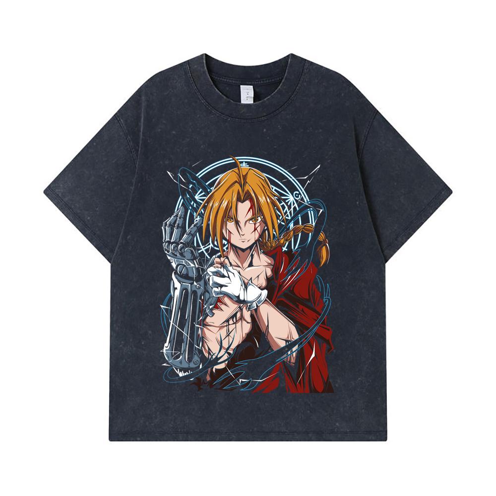275 GSM Washed T-shirts 100% Cotton Fullmetal Alchemist V6 Edward Print Unisex Heavy Cotton T Shirt
