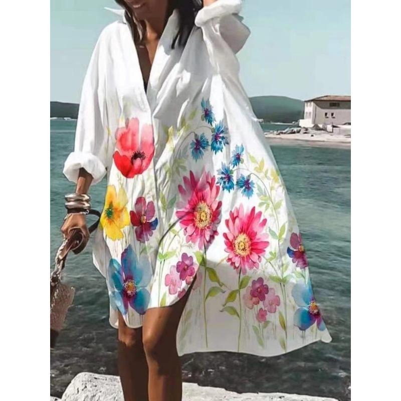 Летнее повседневное женское платье с принтом, свободное, большого размера, с длинным рукавом, А-силуэта, вечернее платье-рубашка, элегантная модная праздничная женская одежда 3391