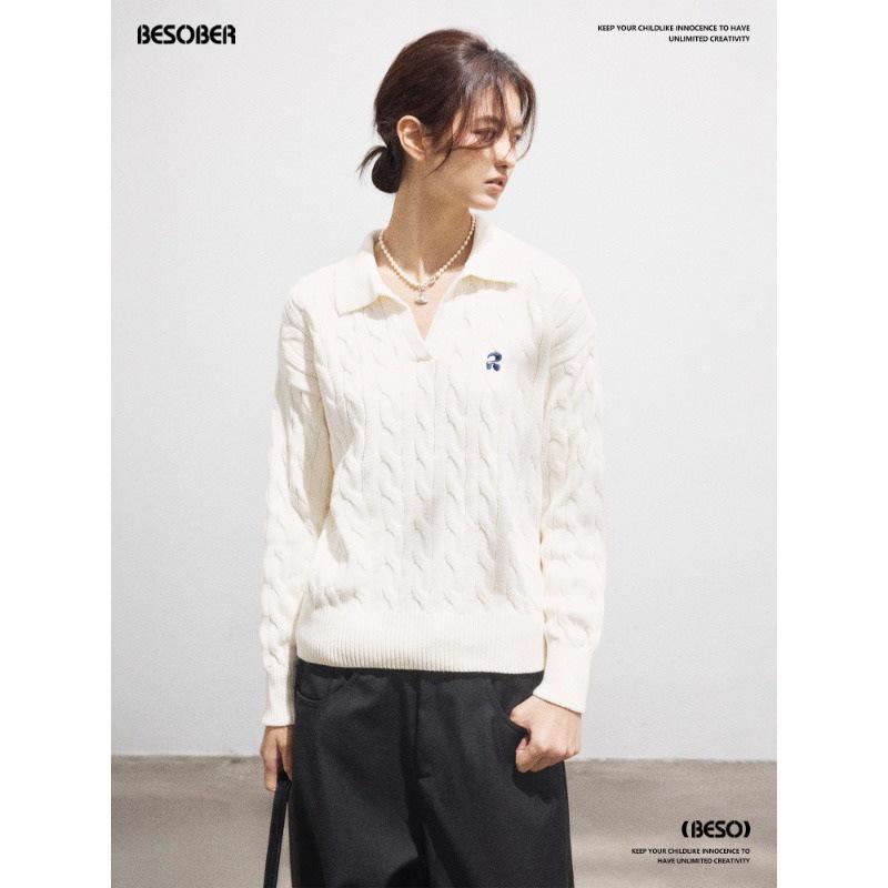 Twisted Flower Embroidered V-neck Cable Knit Sweater - Women's All Cotton Casual Autumn Top