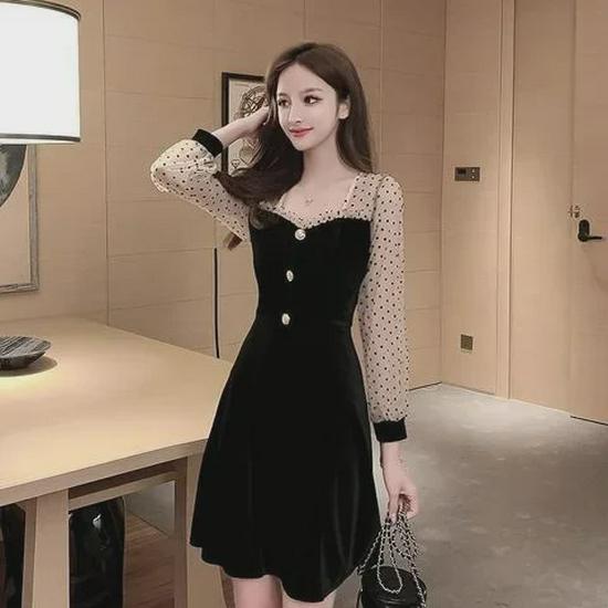 "2023 Spring/Autumn Plus Size Polka Dot Mesh Waist Velvet Black Dress"