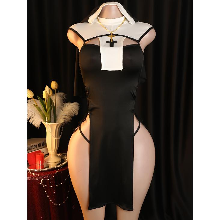 Sexy Nun Cosplay Costume Women's Gothic Lingerie Black White Hollow out Mini Dress with Cross Necklace Anime Roleplay Halloween