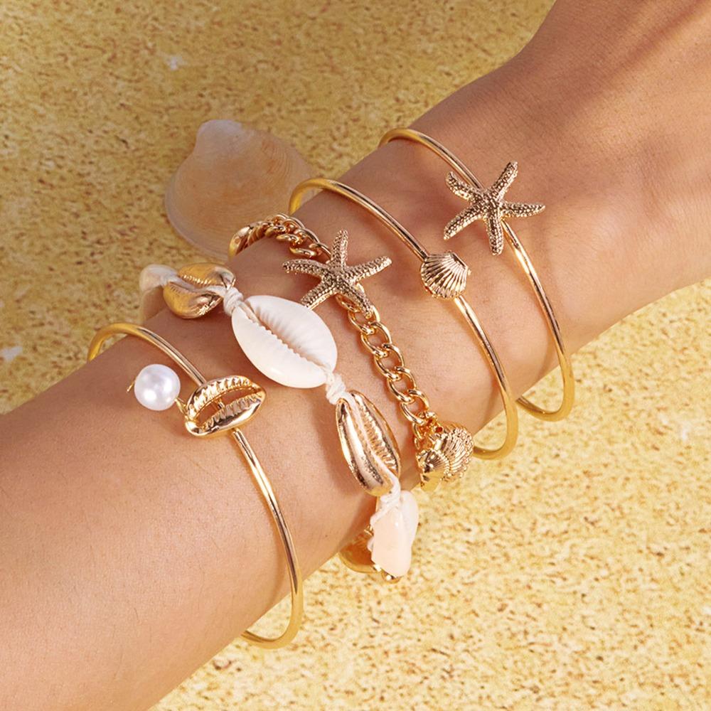 Colorful Ocean Style Hand Chain Sweet Bohemia Bracelet Set Vintage Starfish Shell Bracelet  Beach