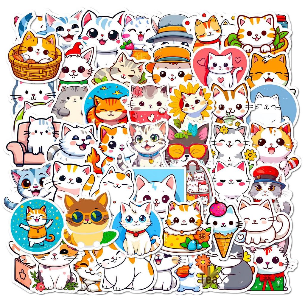 50 Cute Cartoon Cat Bread Stickers - Adorable DIY Japanese Korean Kitten Heads