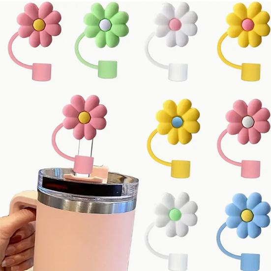 9Pcs Cute Floral Straw Sleeves with Durable Silicone Plugs Deform-resistant Break-resistant Colorful Straw Covers