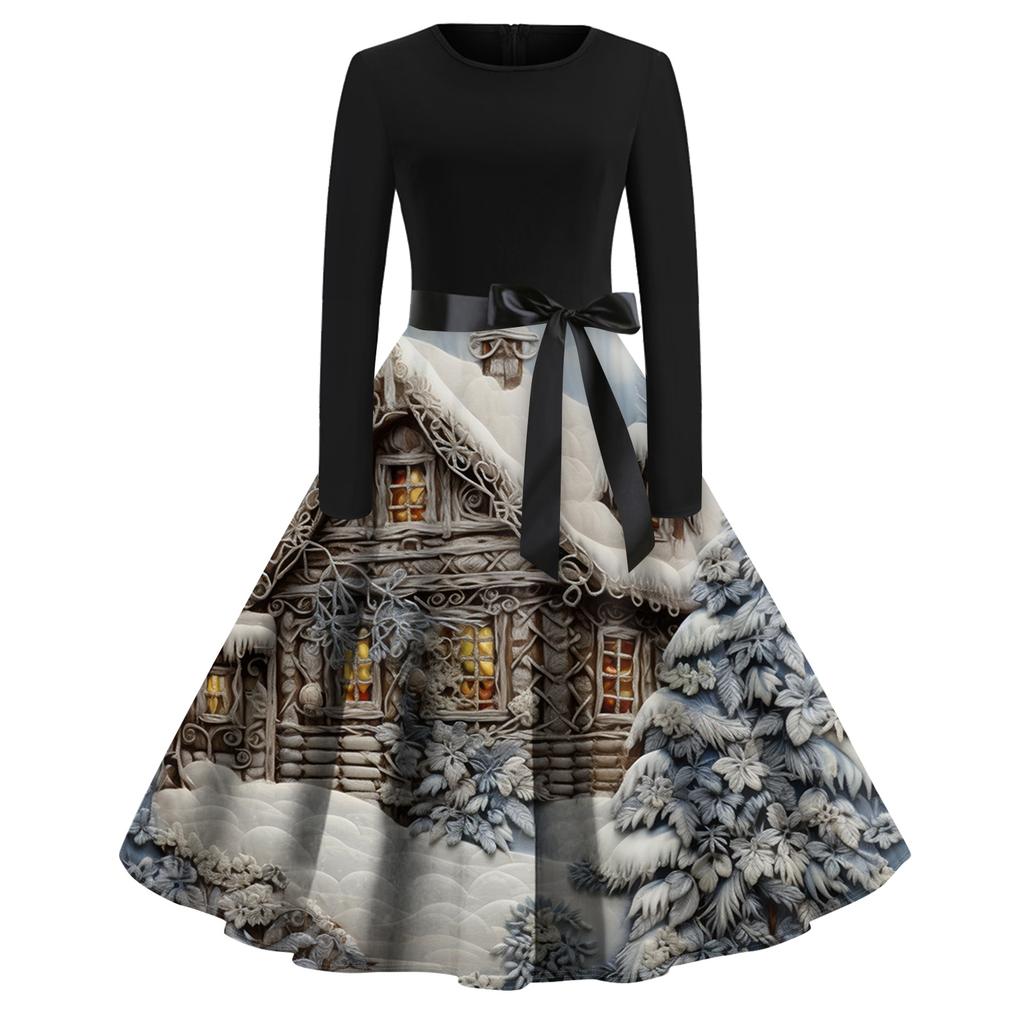 Женское модное повседневное платье приталенного кроя с круглым вырезом, рождественским принтом и длинными рукавами